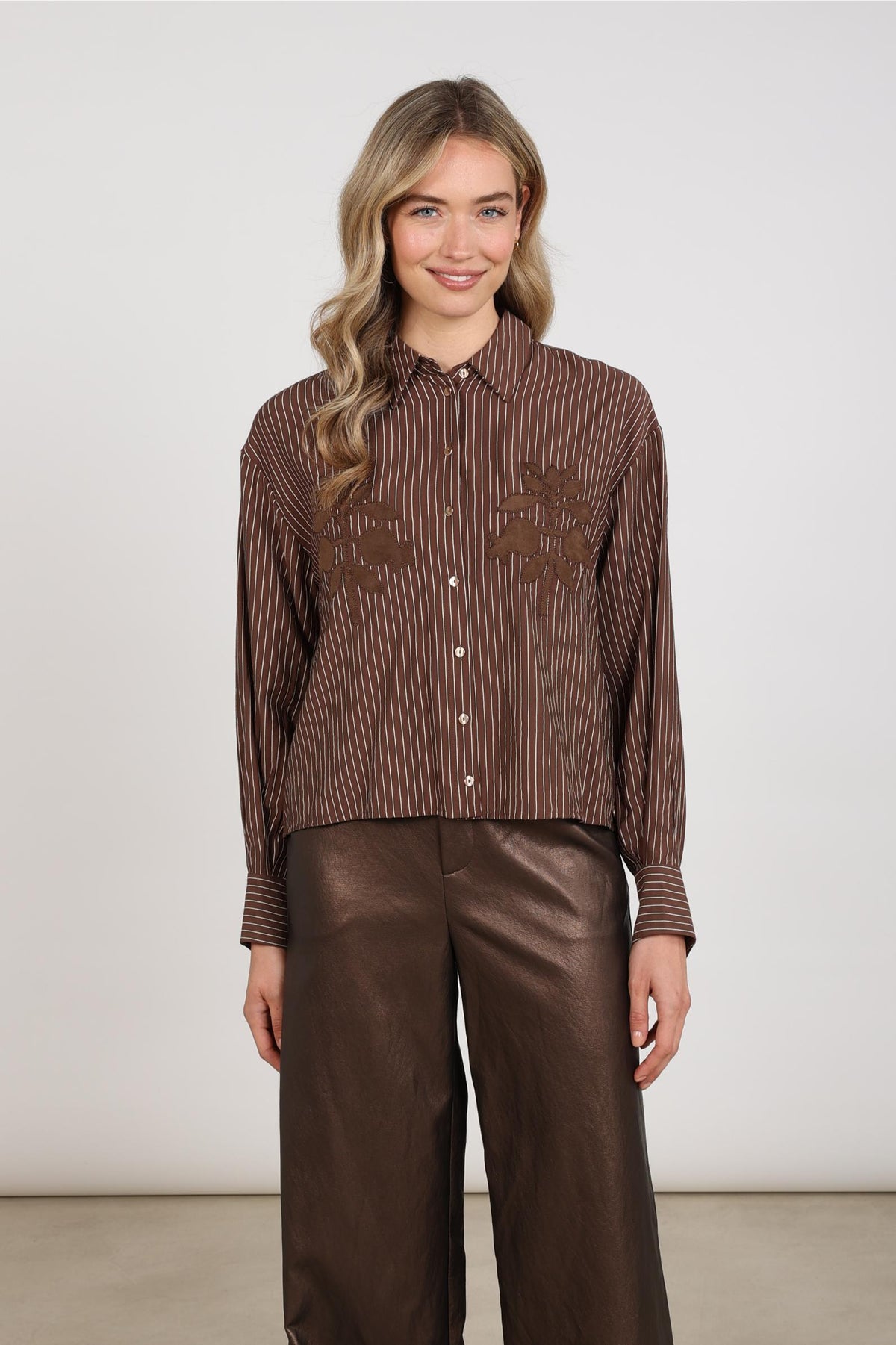 Alice Blouse Stripes Embroidery | Chocolate