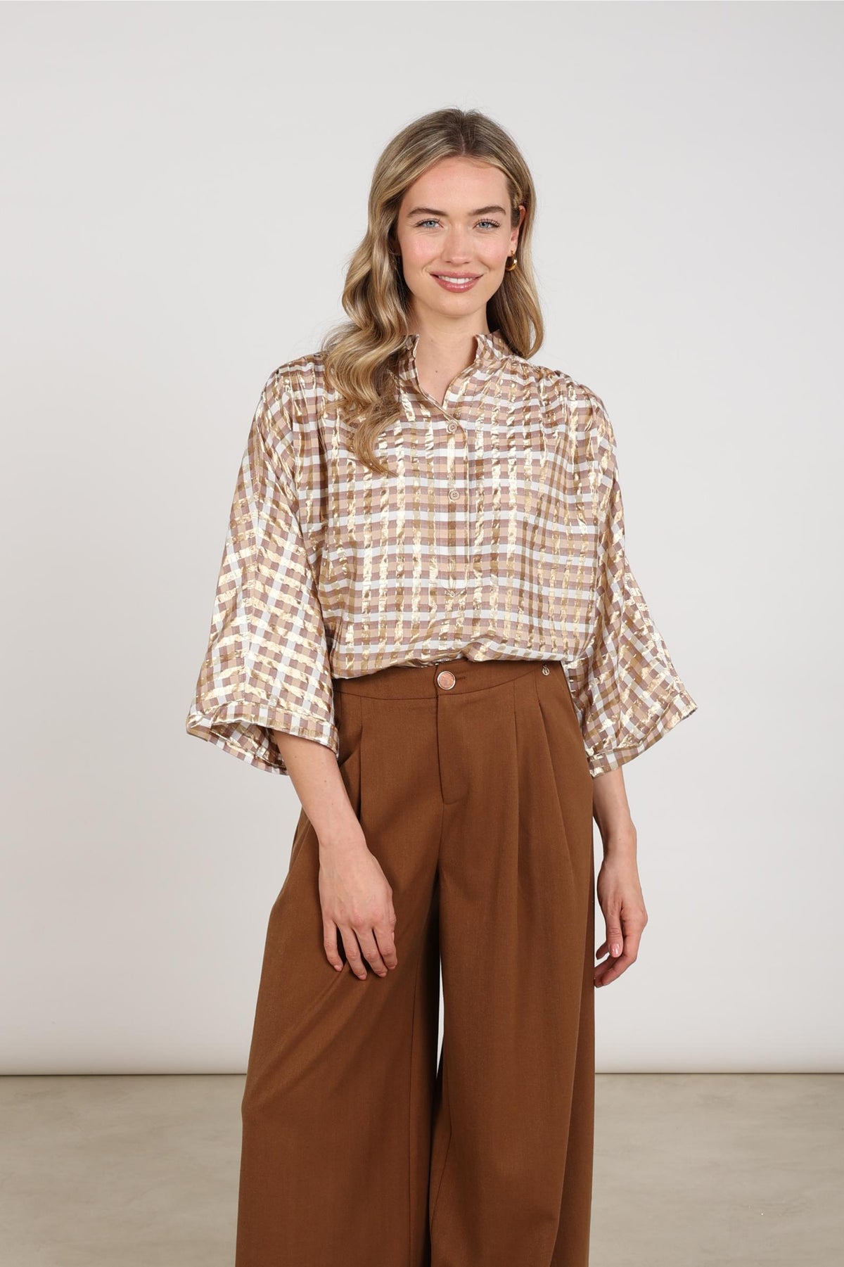 Maya Blouse Check | Off-white/Toffee