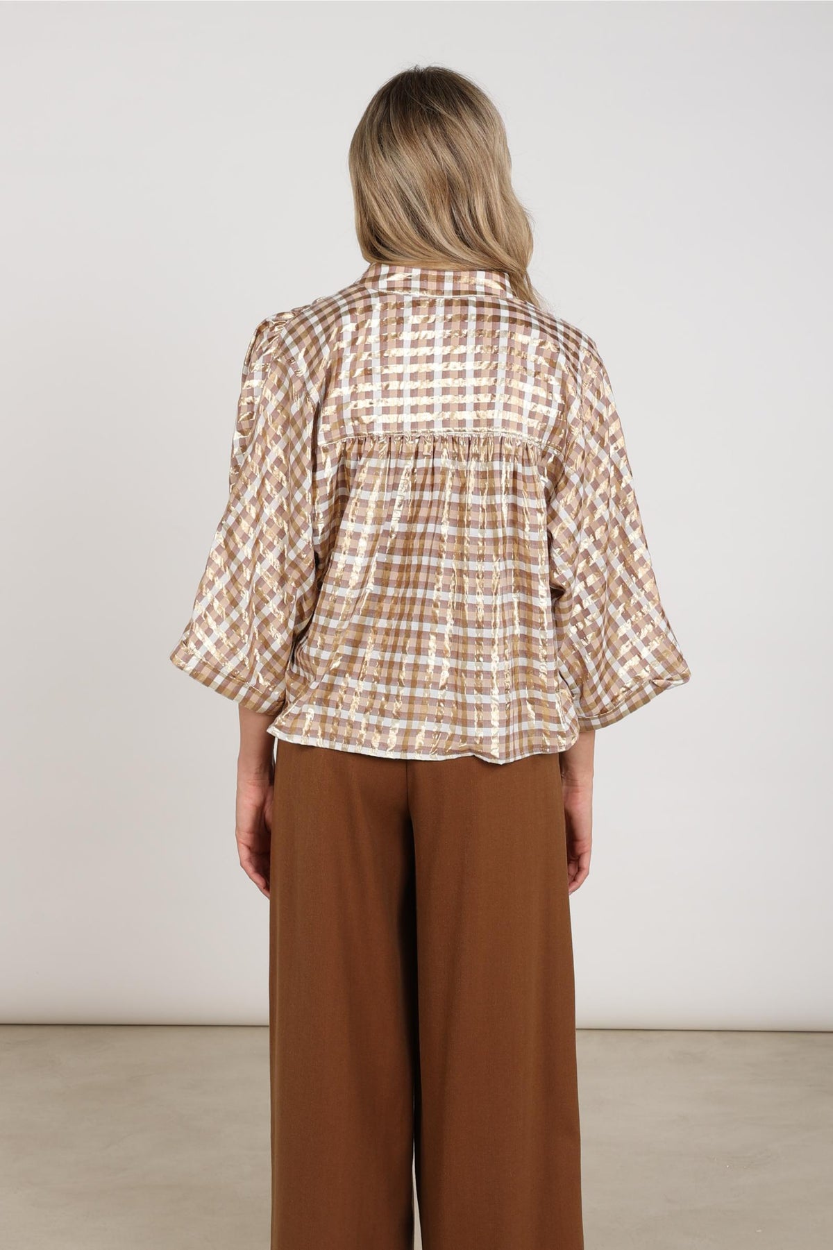 Maya Blouse Check | Off-white/Toffee