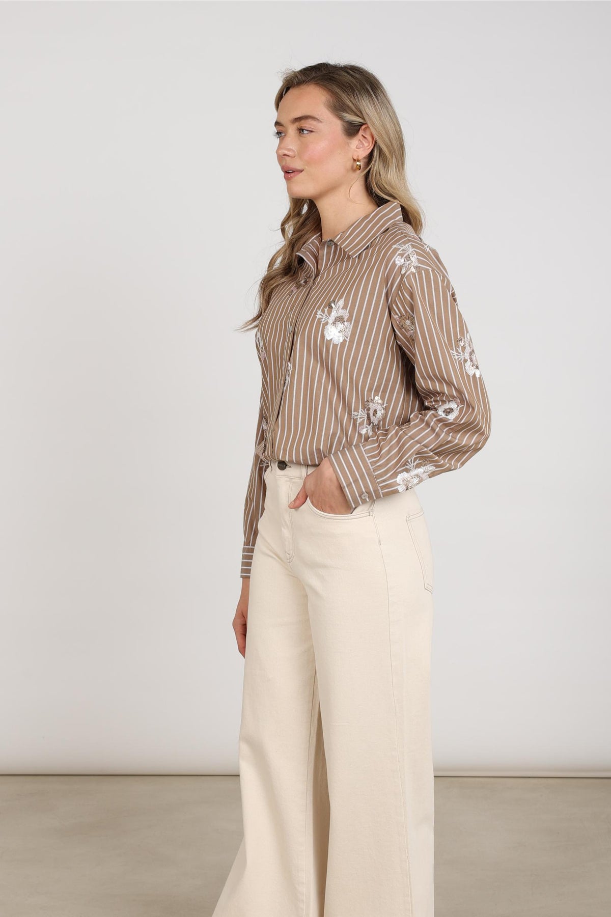 Newport Blouse Stripe Flower | Taupe/Offwhite