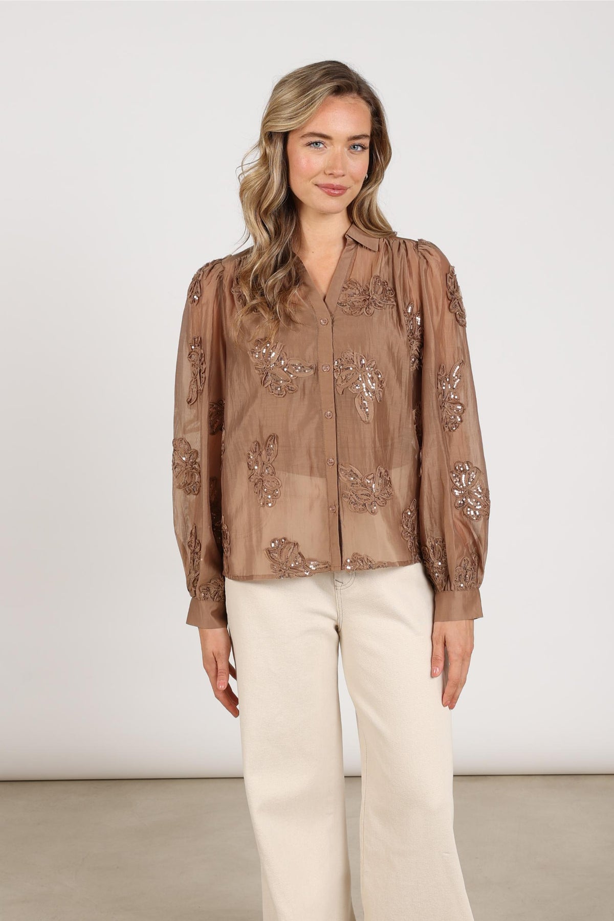 Antonella Bluse Pailletten Blume | Taupe