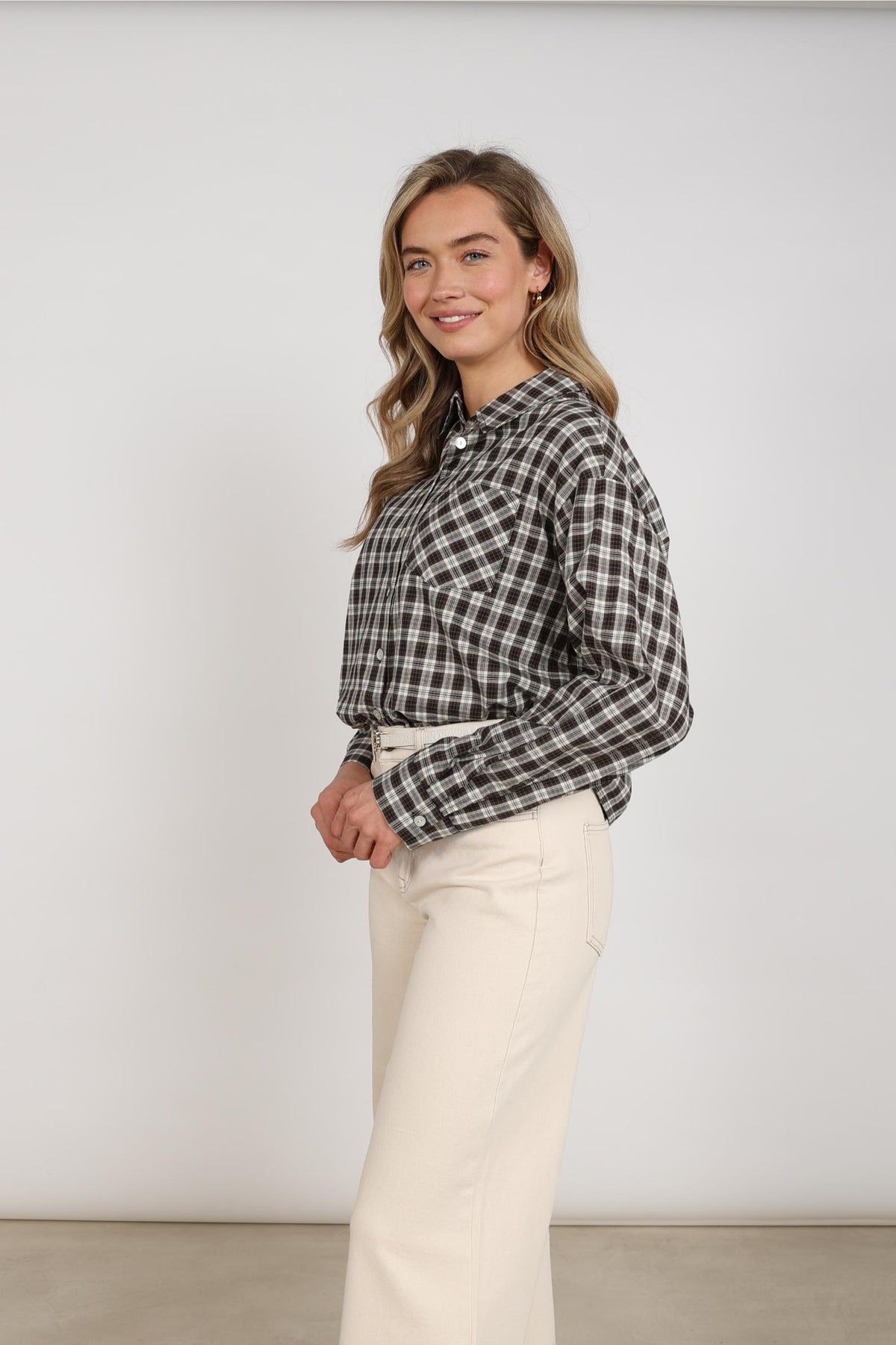 Macy Blouse Check | Offwhite/Chocolate